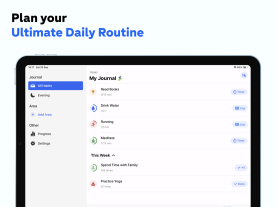 Habitify habit tracker showing daily routine on iPad
