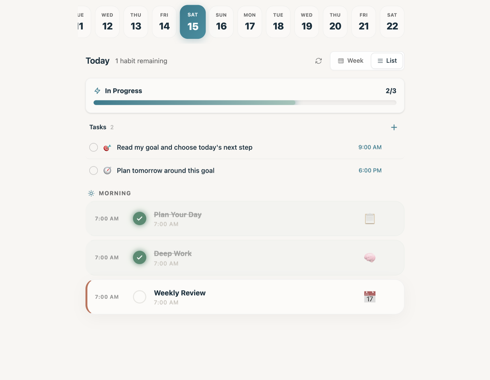 Keel's daily planner showing today's habits and tasks